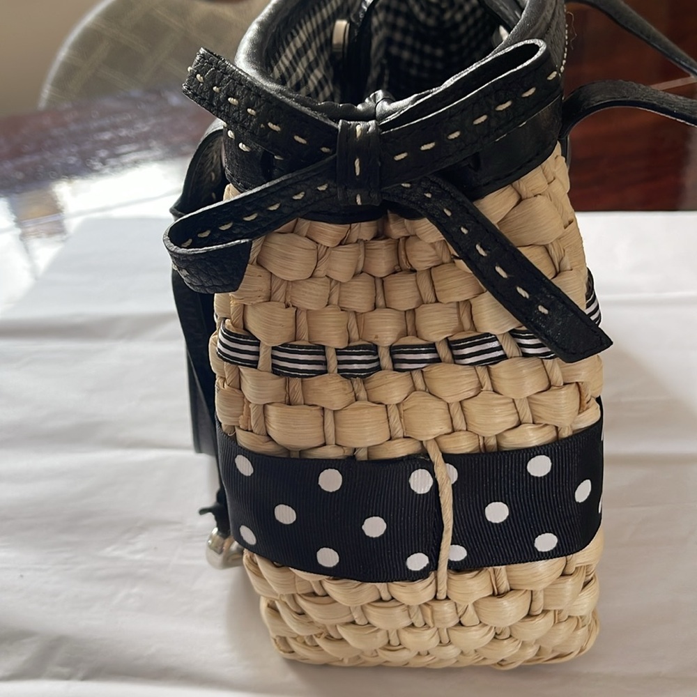 Brighton Black Leather and Tan Woven Wicker Polka Dot Purse Handbag UNUSED - Picture 10 of 14